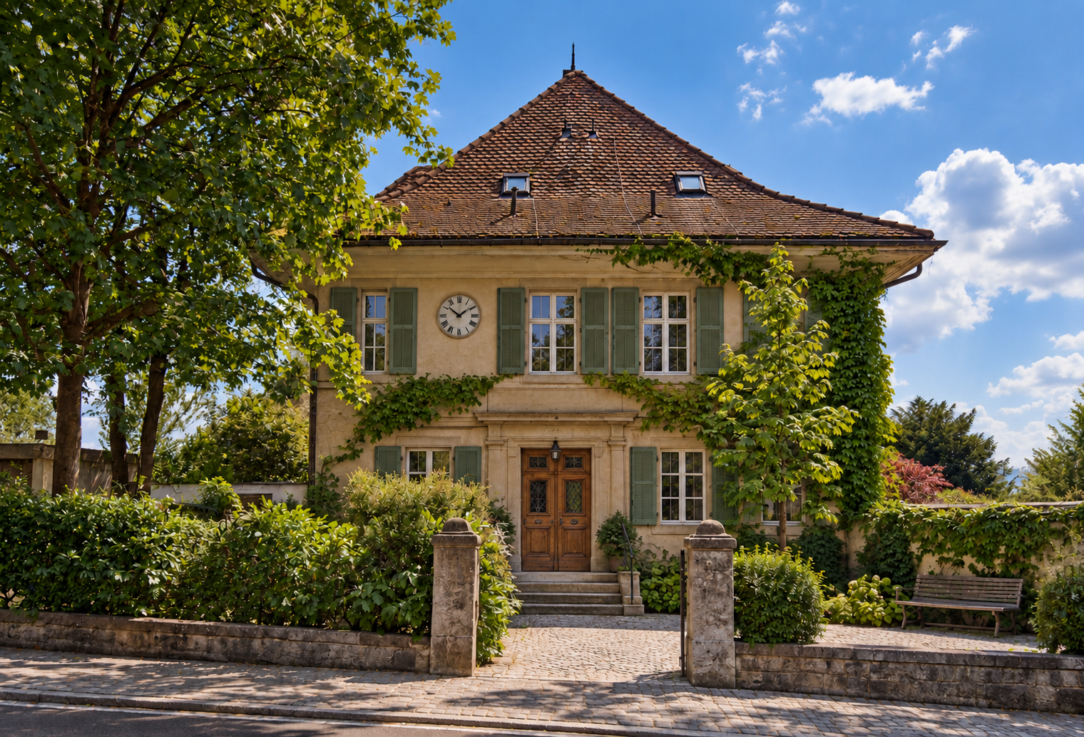 Haus mit grünen Fensterläden und Garten